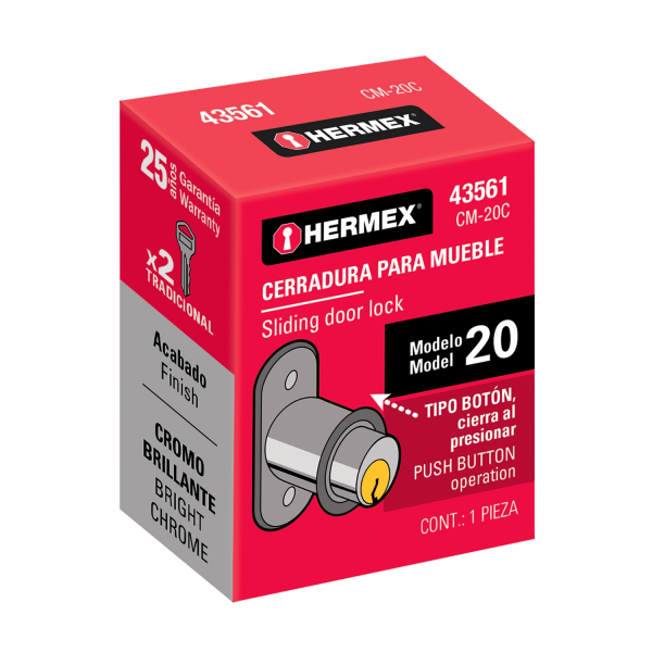 Cerradura para mueble, modelo 20, cromo, HERMEX 43561