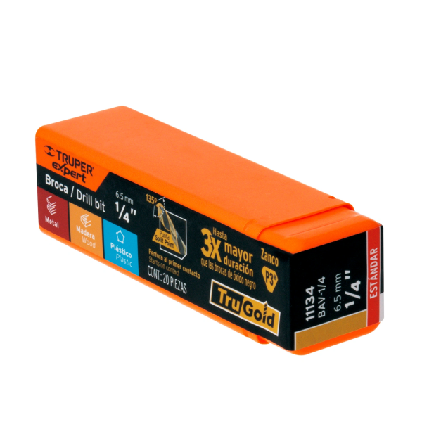 Broca HSS 1/4" Trugold para metal, Truper Expert 11134