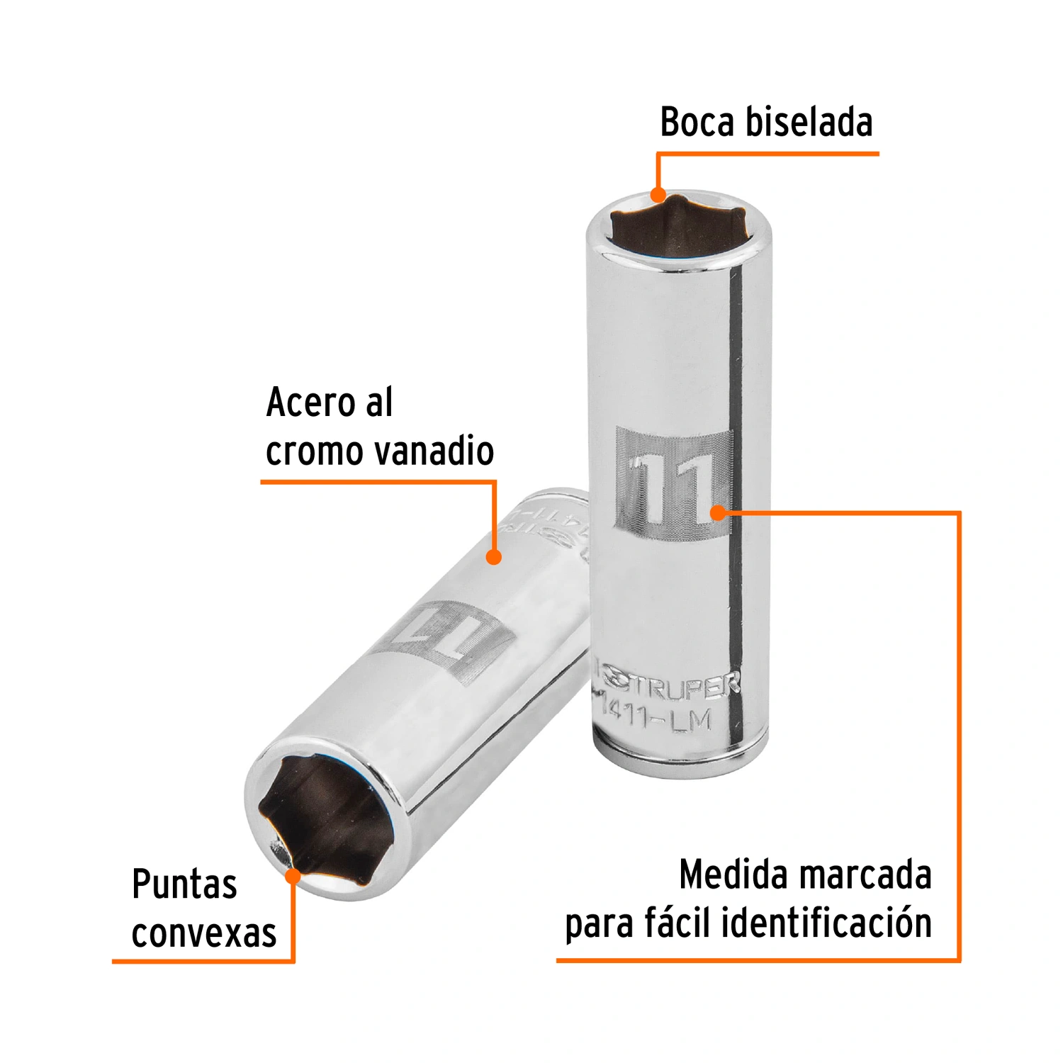Dado largo de 11 mm, 6 puntas, cuadro 1/4", Truper 13205