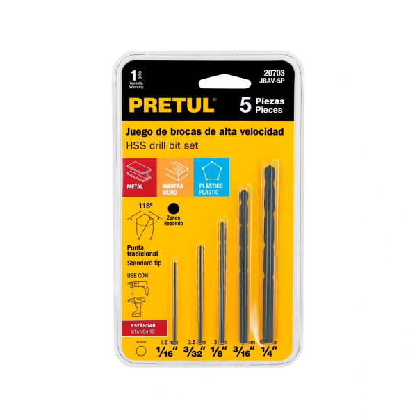 Juego de 5 brocas HSS para metal, Pretul JBAV-5P 20703 