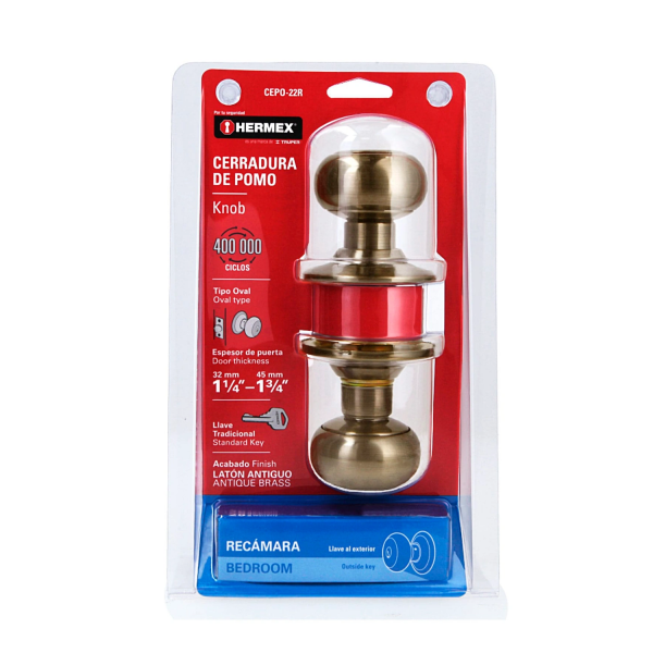 Cerradura tipo oval para recámara, latón antiguo, HERMEX 43455