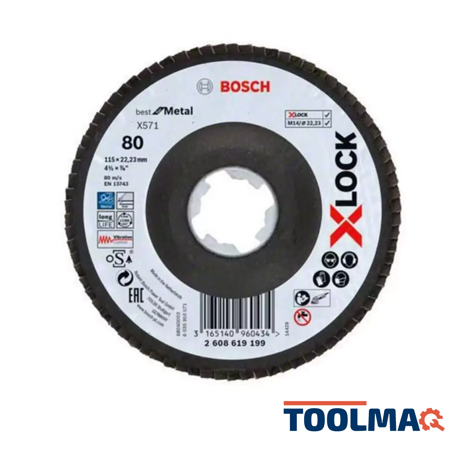 Disco Flap X571 X-LOCK Best for Metal, 115mm, G80, Curvo, Fibra de Vidrio 2608.619.199-000 