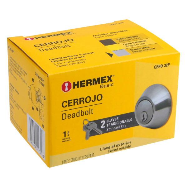 Cerrojo llave-llave cromo mate, llave tradicional, HERMEX 23611