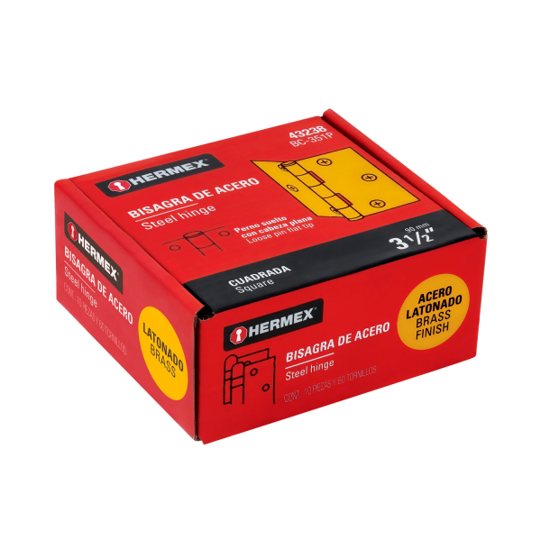 Bisagra cuadrada 3-1/2", latonado, cabeza plana, HERMEX 43238