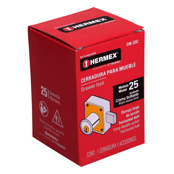 Cerradura para mueble, modelo 25, cromo, HERMEX 43559