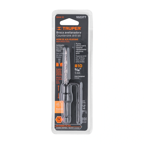 Broca avellanadora #10 para madera, 3/16", TRUPER 102377