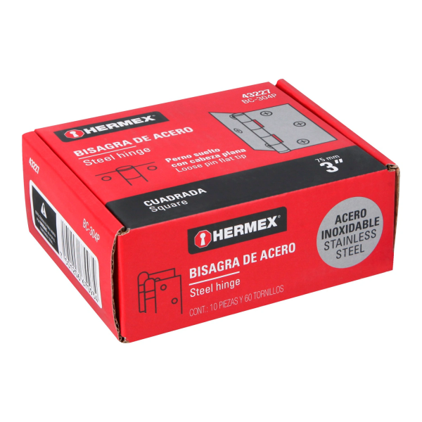 Bisagra cuadrada 3" acero inox, cabeza plana, HERMEX 43227