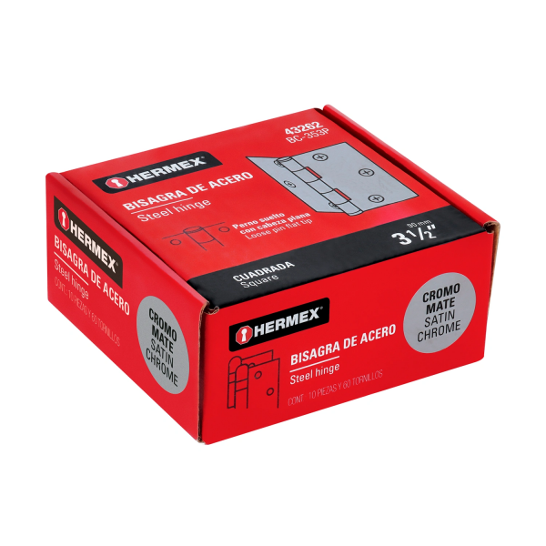 Bisagra cuadrada 3-1/2", satinado, cabeza plana, HERMEX 43262