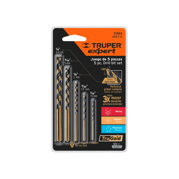 Juego de 5 brocas HSS para metal, Truper Expert JBAV-5 11394 