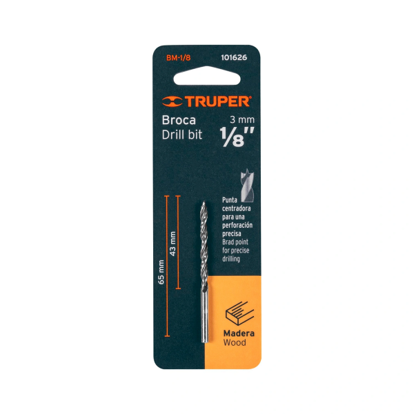 Broca con punta centradora para madera 1/8", TRUPER 101626